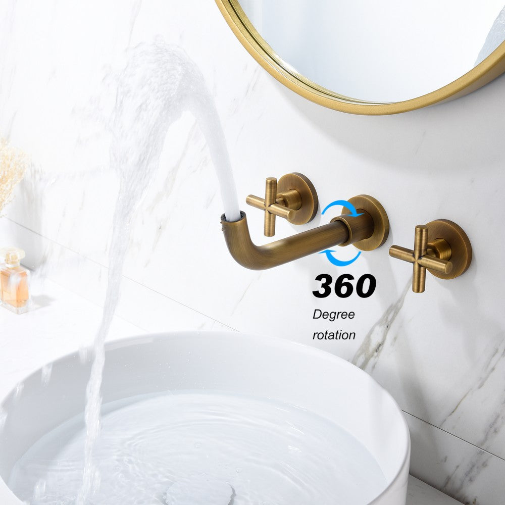 Bathroom Sink Faucet Brushed Bronze Double Handles Wall Mounted With Pop-up Drain W928P261533