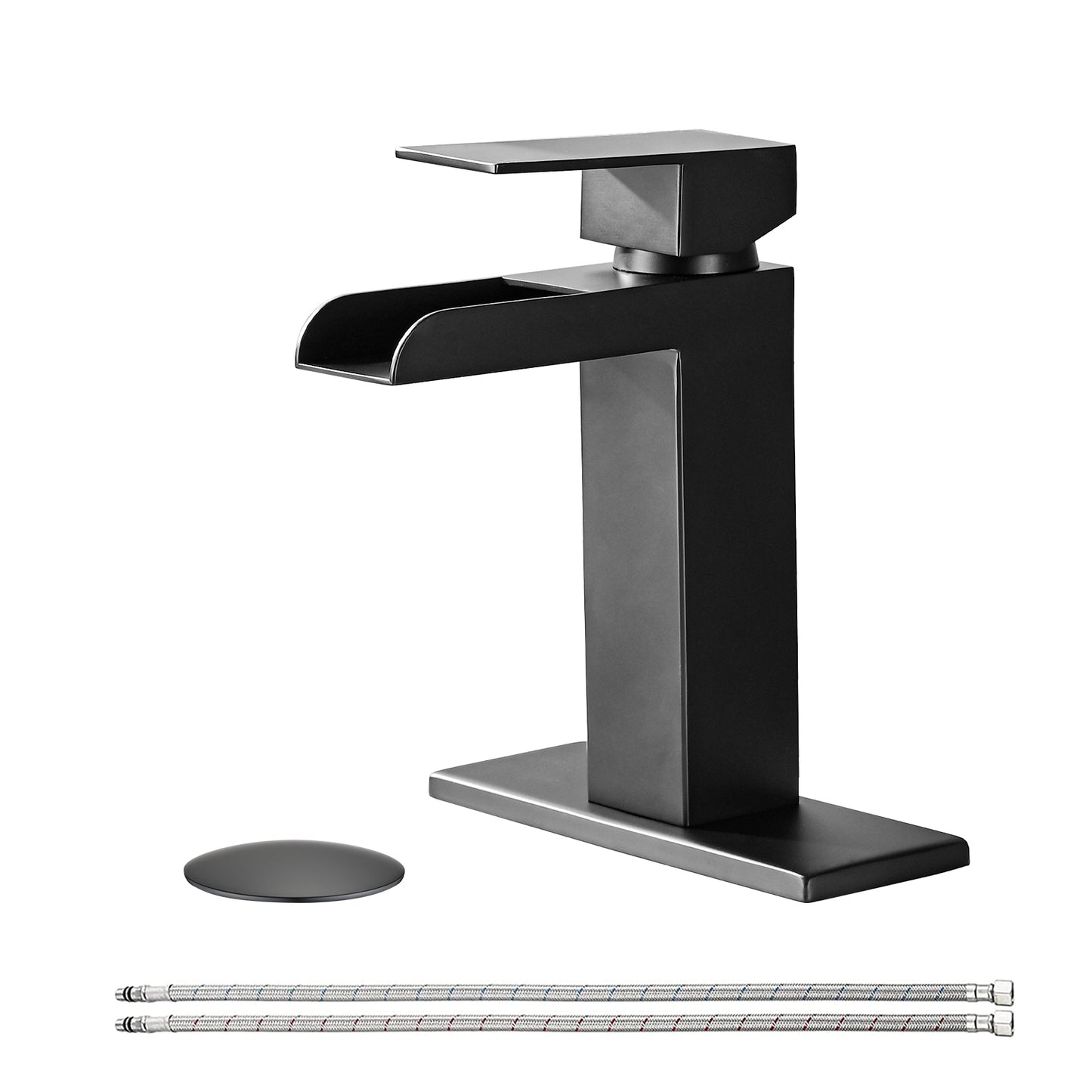 Bathroom Single Hole Three Hole Waterfall Sink Faucet Matte Black Single Handle with Deck Plate and Pop-up Drain W1224P224285