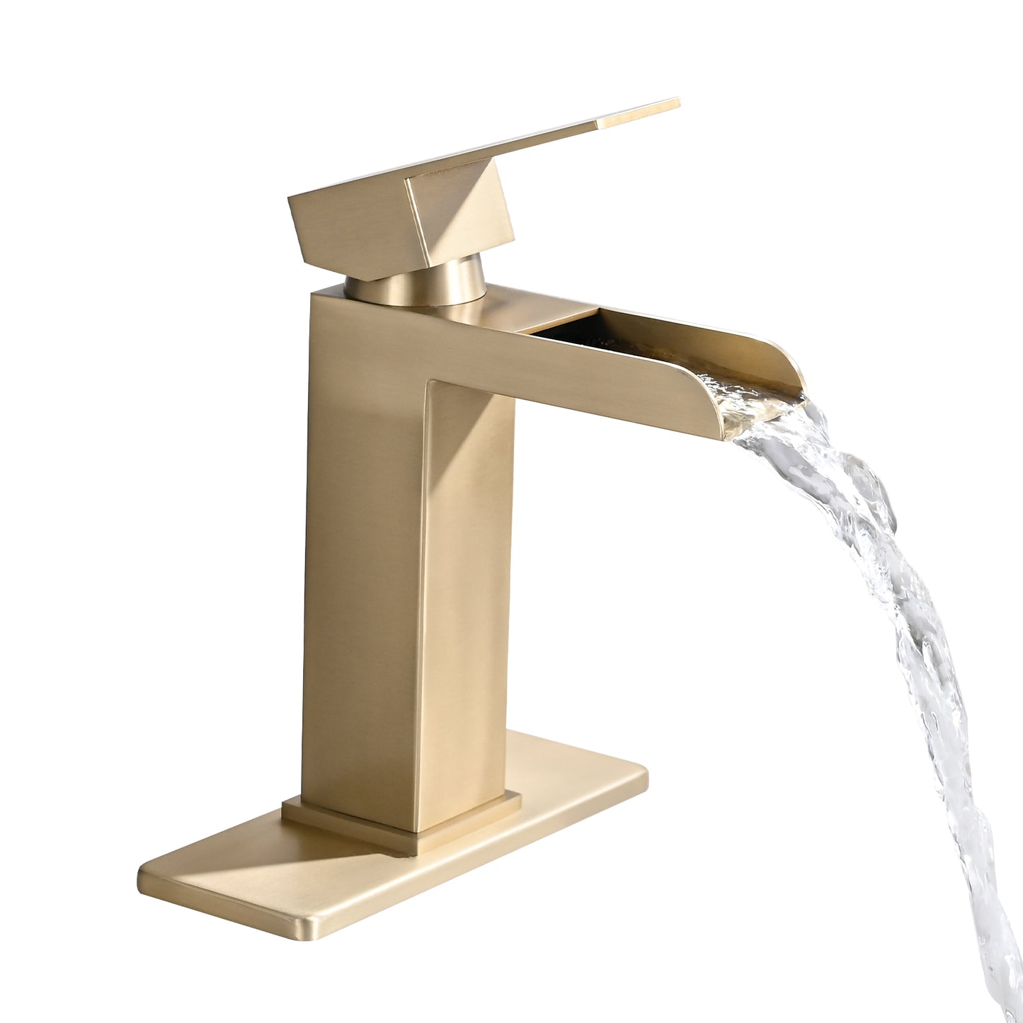 Bathroom Single Hole or Three Holes Waterfall Sink Faucet Brushed Gold Single Handle with Deck Plate and Pop-up Drain W1224P224288