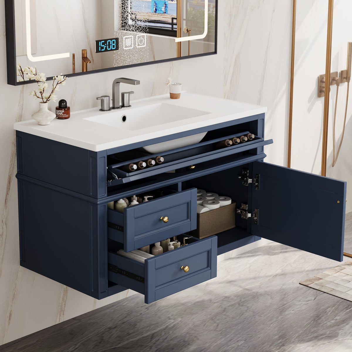 36" Floating Bathroom Vanity with Sink, Wall Mounted Bathroom Vanity with 2 Drawers & Tip-Out Tray, Etched Stripe Design, Ceramic Sink with Overflow, Adjustable Height,Blue