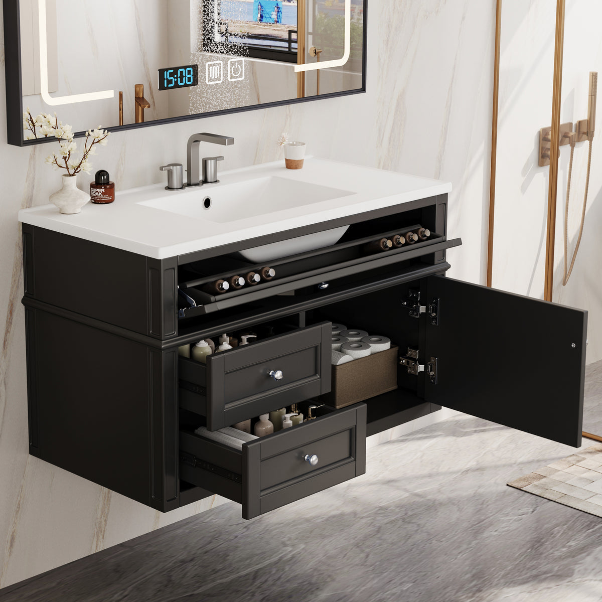 36" Floating Bathroom Vanity with Sink, Wall Mounted Bathroom Vanity with 2 Drawers & Tip-Out Tray, Etched Stripe Design, Ceramic Sink with Overflow, Adjustable Height,Black
