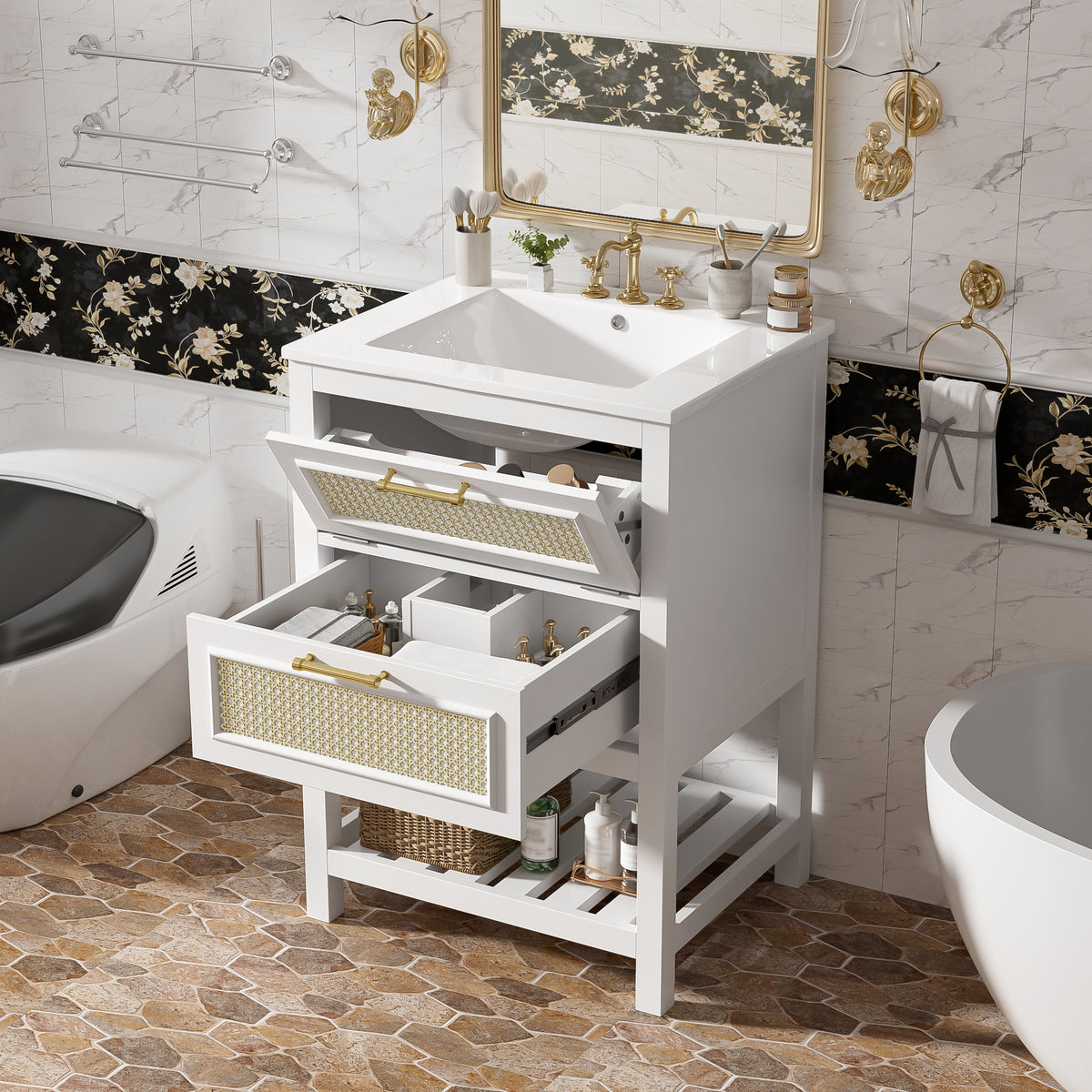 24" Bathroom Vanity with Sink, Modern Bathroom Vanity with Tip-Out Drawer & Ceramic Sink for 4" Centerset Faucet, Solid Wood Feet, Soft Close,White