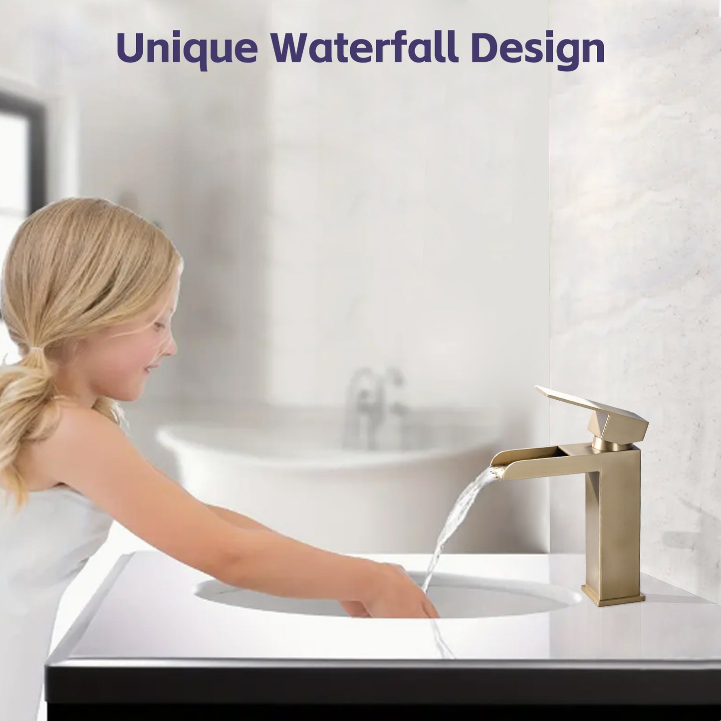 Bathroom Single Hole or Three Holes Waterfall Sink Faucet Brushed Gold Single Handle with Deck Plate and Pop-up Drain W1224P224288