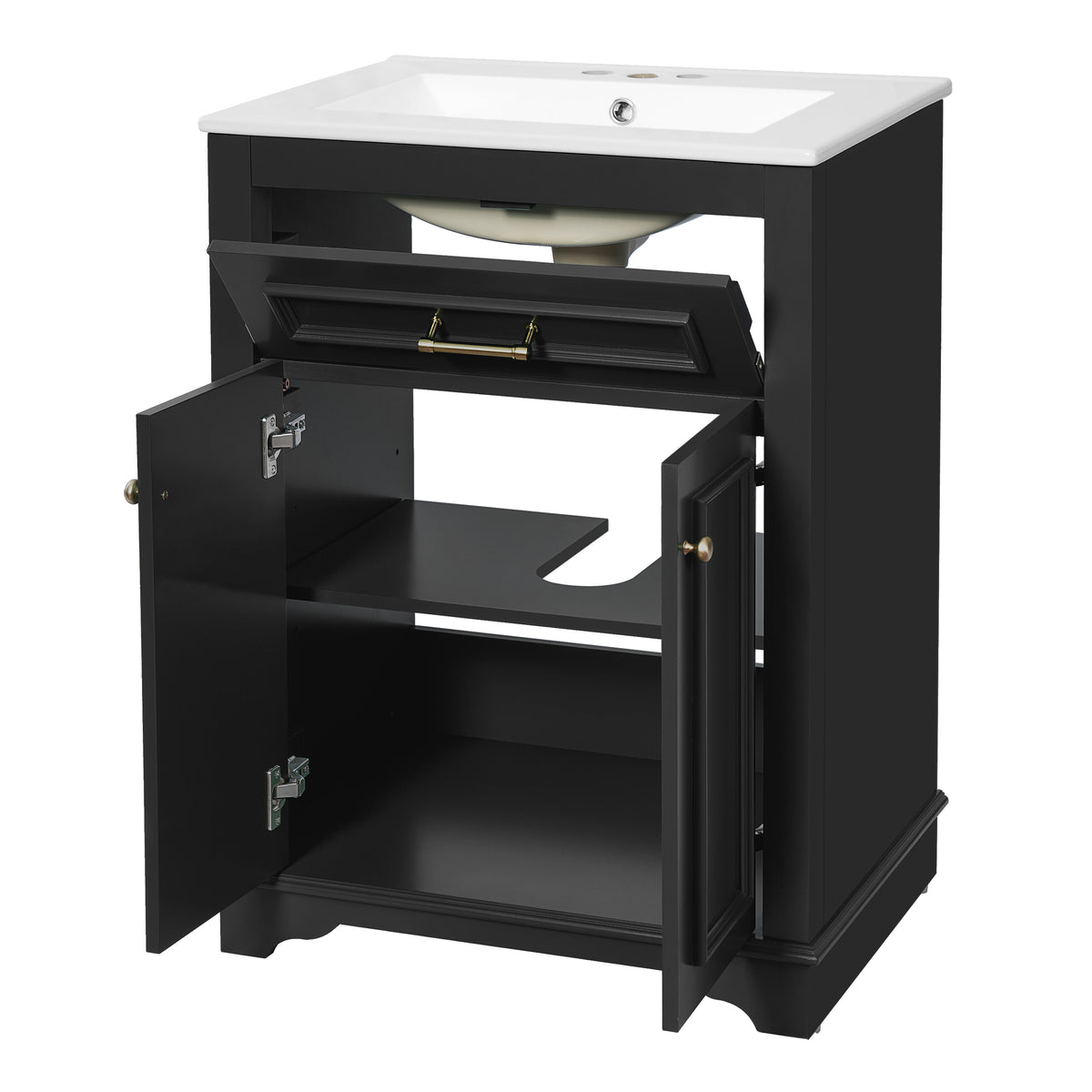 24" Bathroom Vanity with Sink, Small Bathroom Vanity with Tip-Out Drawer & Adjustable Storage, 3-Hole 4" Centerset Ceramic Sink with Overflow, Soft Close Door,Black