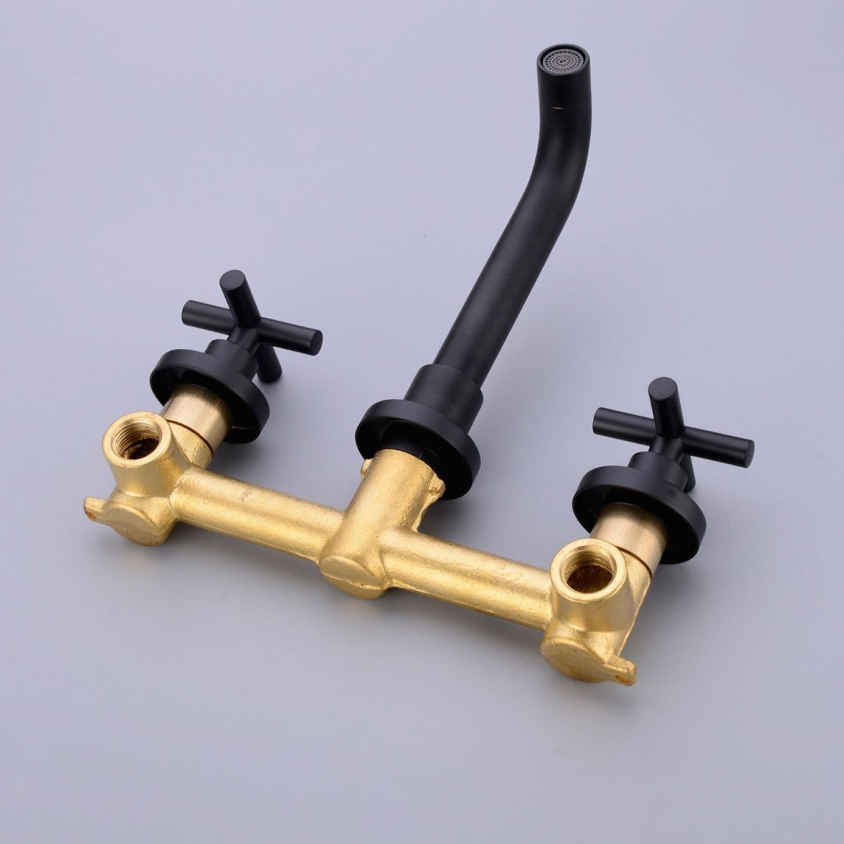 Bathroom Sink Faucet Brushed Matte Black Double Handles Wall Mounted With Pop-up Drain W928P261553