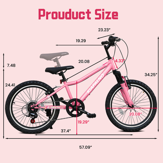 20 Inch Kids Mountain Bike, 7-Speed Drivetrain, Front Suspension, Durable Steel Frame, Bicycle for Boys & Girls Ages 6-10, Pink, 85% Pre-Assembled