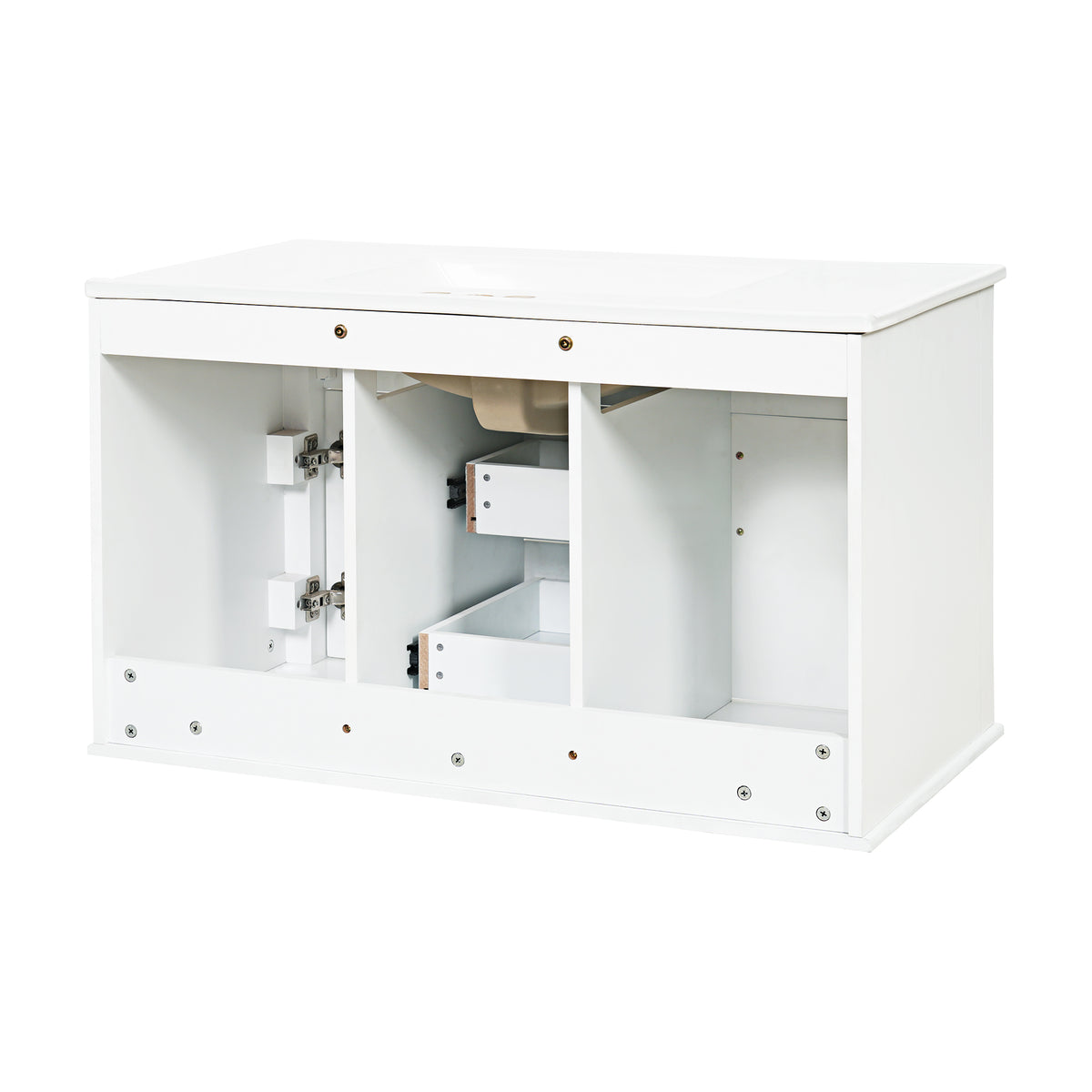 36" Floating Bathroom Vanity with Sink, Wall Mounted French Style Vanity with Stripe Carvings & Ceramic Sink for 4" Faucet, Overflow, Soft Close Door,White