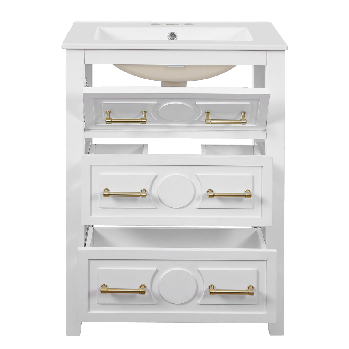 24" Bathroom Vanity with Sink, Green Bathroom Vanity with 3 Drawers & Carved Detail, Ceramic Sink for 4" Centerset Faucet with Overflow, Solid Pine Wood Frame,White