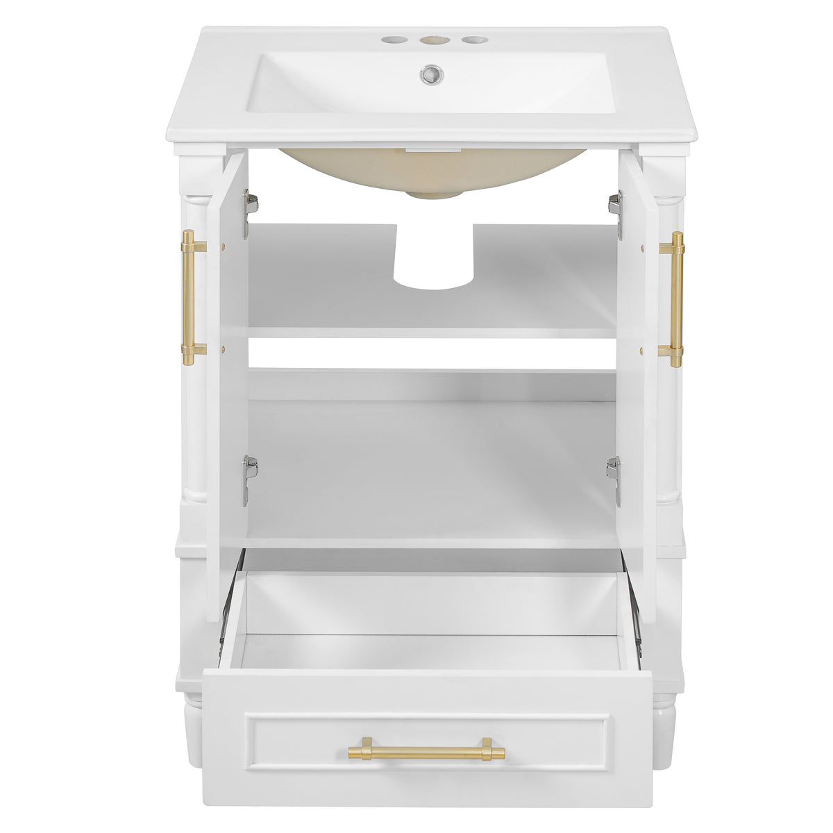 24" Bathroom Vanity with Sink, French Style Bathroom Vanity with Carved Legs & Drawer, Adjustable Shelf, Back Cutout for Plumbing, Soft Close Door,White