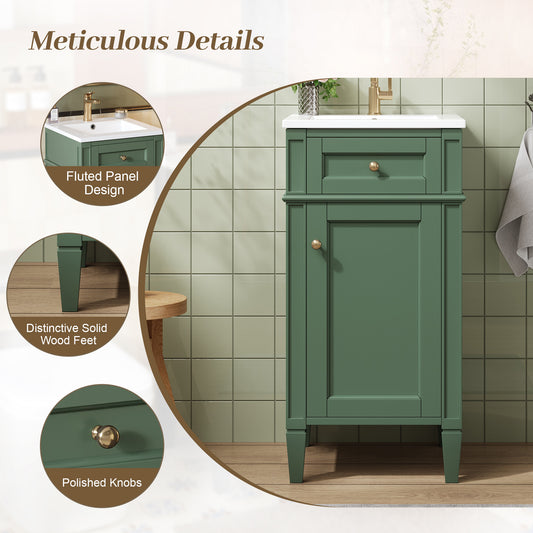 16" Bathroom Vanity with Sink, French Style Small Bathroom Vanity, Freestanding Wood Vanity Cabinet with Ceramic Sink Basin, Soft Close Door & U-Shaped Shelf,Green