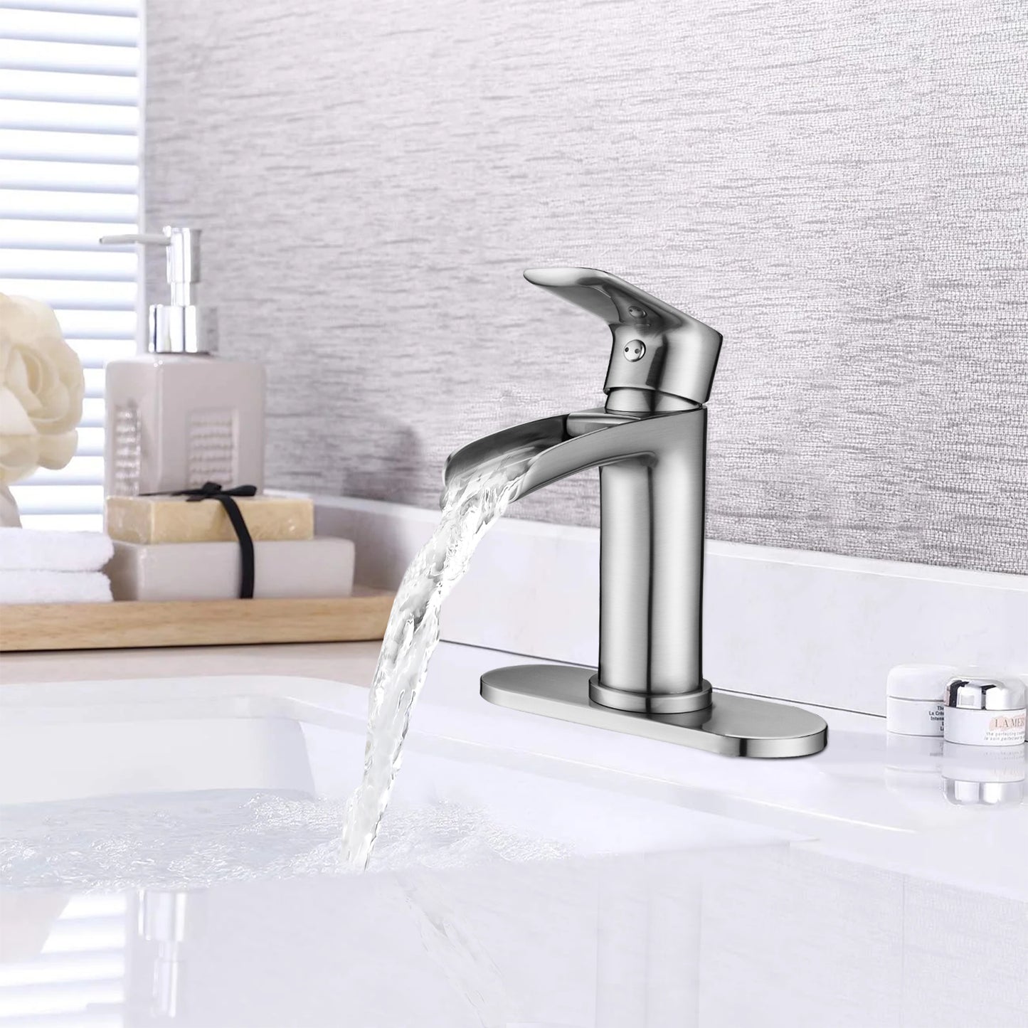 Bathroom Single Hole or Three Hole Waterfall Sink Faucet Brushed Nickel Single Handle with Deck Plate and Pop-up Drain W1224P225010