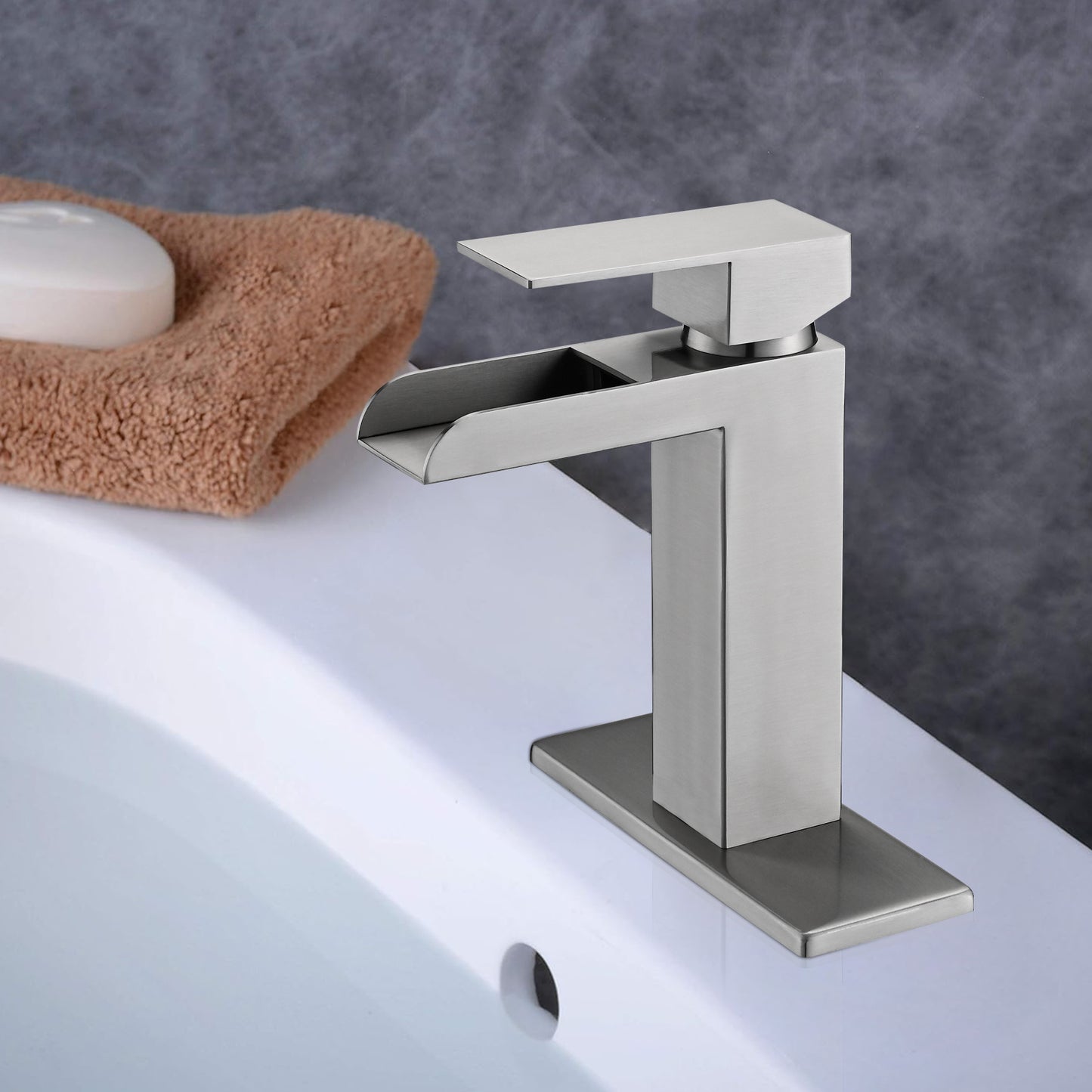 Bathroom Single Hole Three Hole Waterfall Sink Faucet Brushed Nickel Single Handle with Deck Plate and Pop-up Drain W1224P224286
