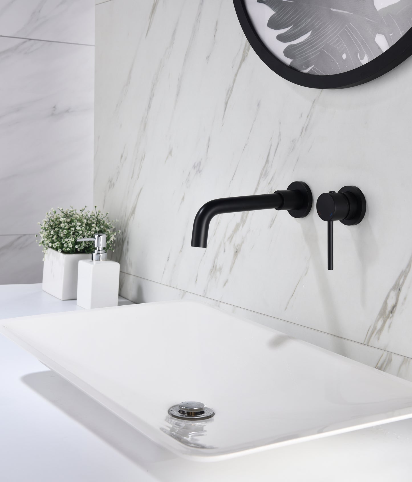 Bathroom Sink Faucet Matte Black Single Handle Wall Mounted Pop-up Drain W928P261575