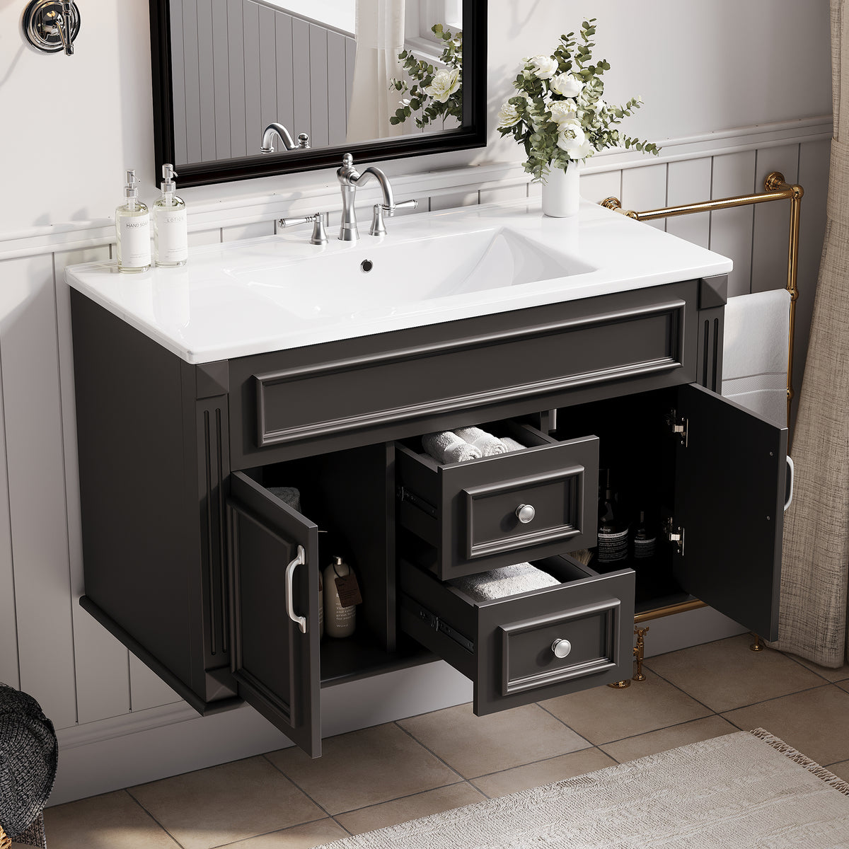 36" Floating Bathroom Vanity with Sink, Wall Mounted French Style Vanity with Stripe Carvings & Ceramic Sink for 4" Faucet, Overflow, Soft Close Door,Black