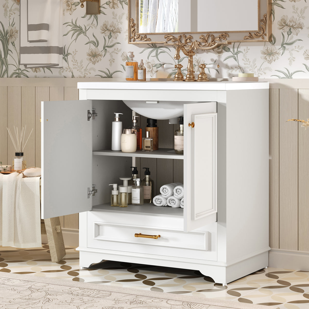 30" Bathroom Vanity with Sink, Traditional Bathroom Vanity with Carved Detail & Solid Wood Frame, Double Doors & Drawer, Ceramic Sink with Overflow,White
