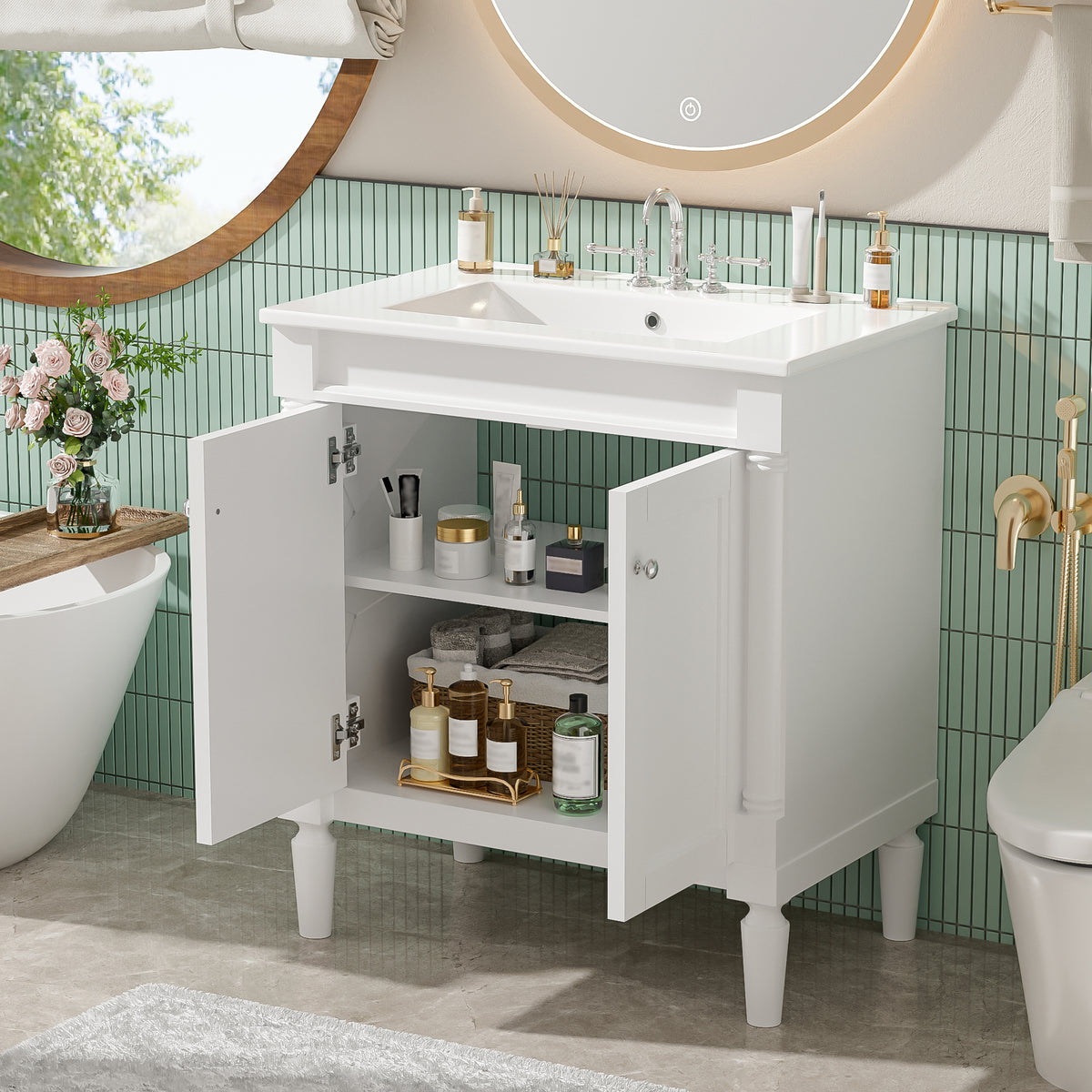 30" Bathroom Vanity with Sink, French Style Small Bathroom Vanity with Semi-Circular Column Design, Ceramic Sink with Overflow, Soft Close Door,White