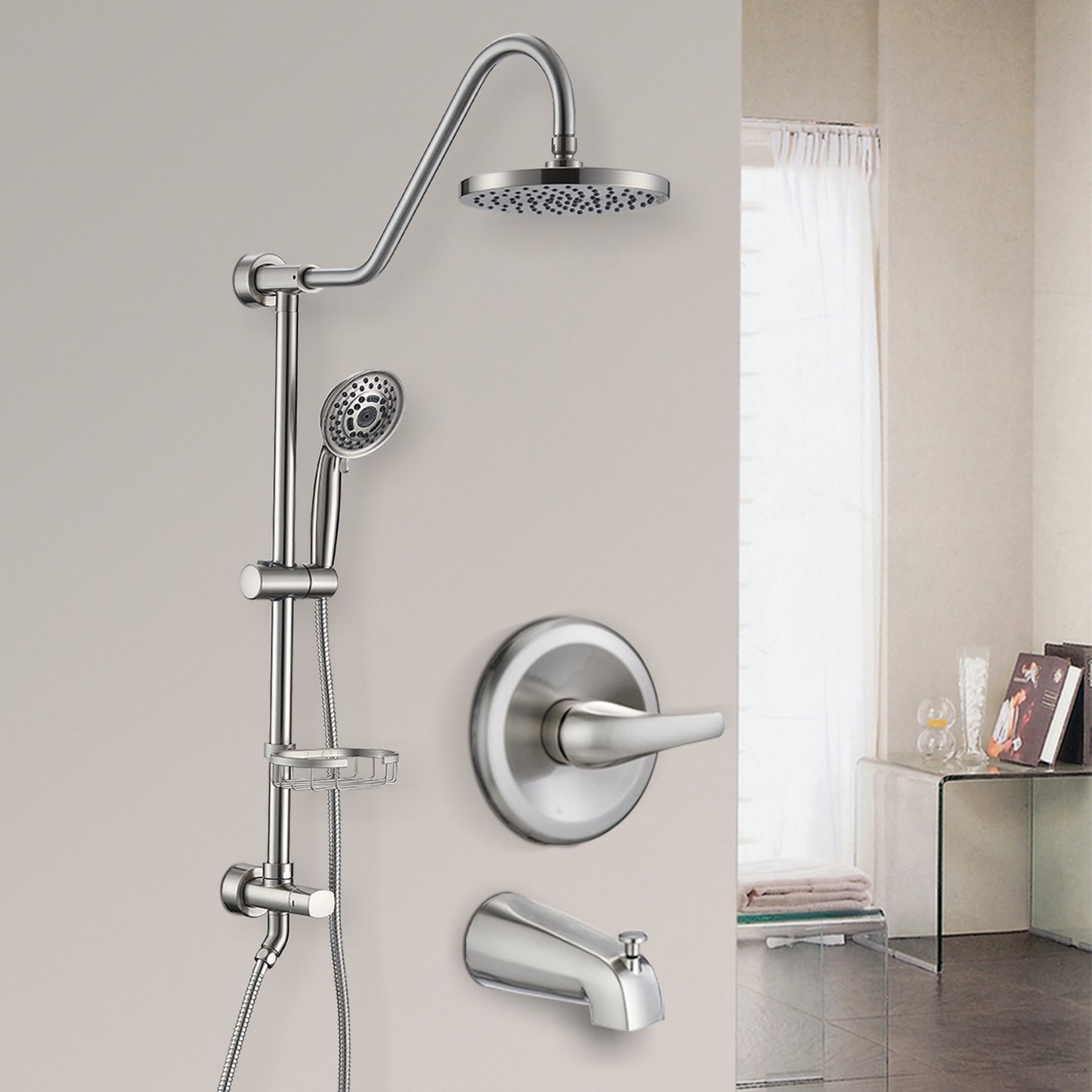 Brushed Nickel Bathroom Shower Head and Handheld Showerhead Combo Shower System with Tub Spout, 8 inch Top Shower and 5 jets handheld shower, soap dish included, Rough-in Valve Included