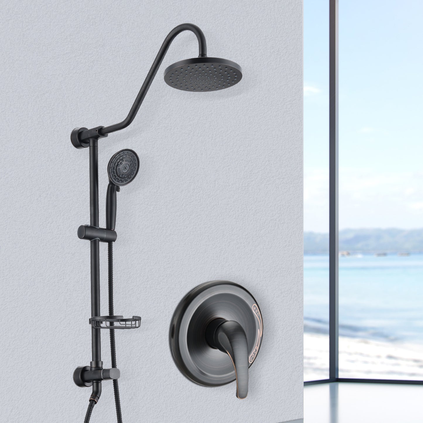 Oil-Rubbed Bronze Bathroom Shower Head and Handheld Showerhead Combo Shower System, 8 inch Top Shower and 5 jets handheld shower, soap dish included, Rough-in Valve Included