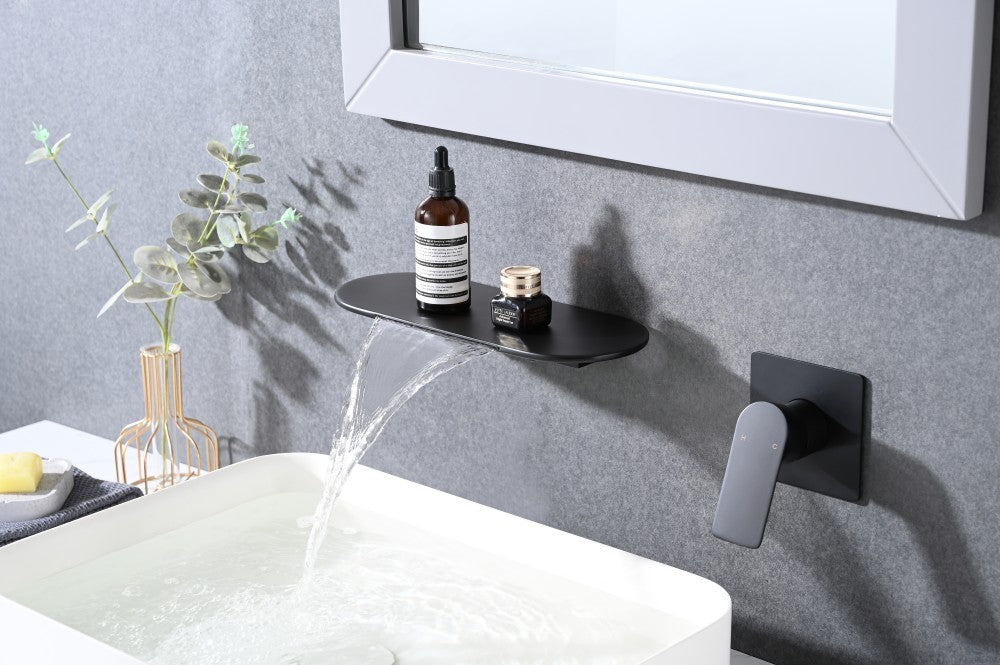Bathroom Waterfall Sink Faucet Matte Black Single Handle Wall Mounted W121749838