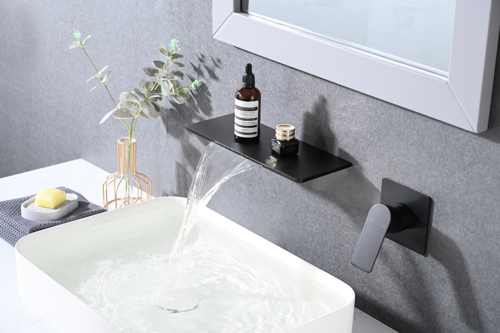 Bathroom Waterfall Sink Faucet Matte Black Single Handle Wall Mounted W121750467