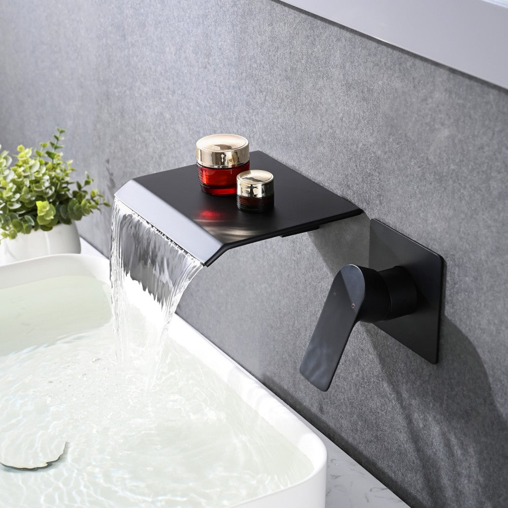 Bathroom Waterfall Sink Faucet Matte Black Single Handle Wall Mounted W121750477