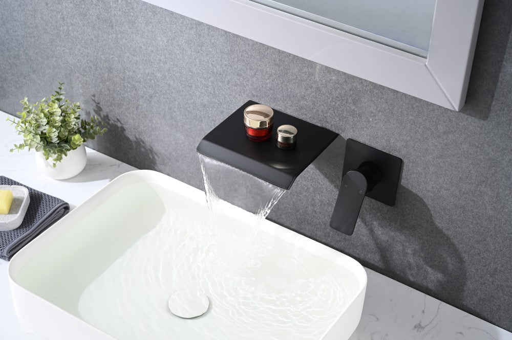 Bathroom Waterfall Sink Faucet Matte Black Single Handle Wall Mounted W121750477