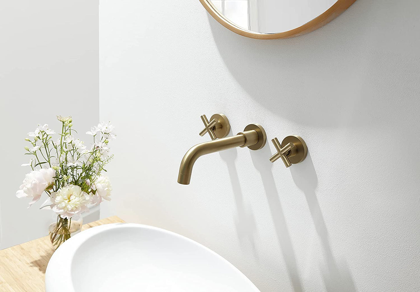 Bathroom Sink Faucet Brushed Gold Double Handles Wall Mounted W122453410