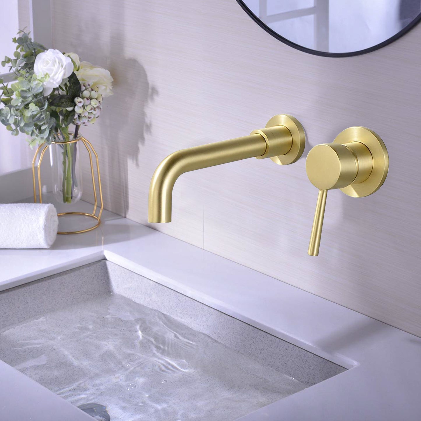 Bathroom Sink Faucet Brushed Gold Single Handle Wall Mounted W122453402
