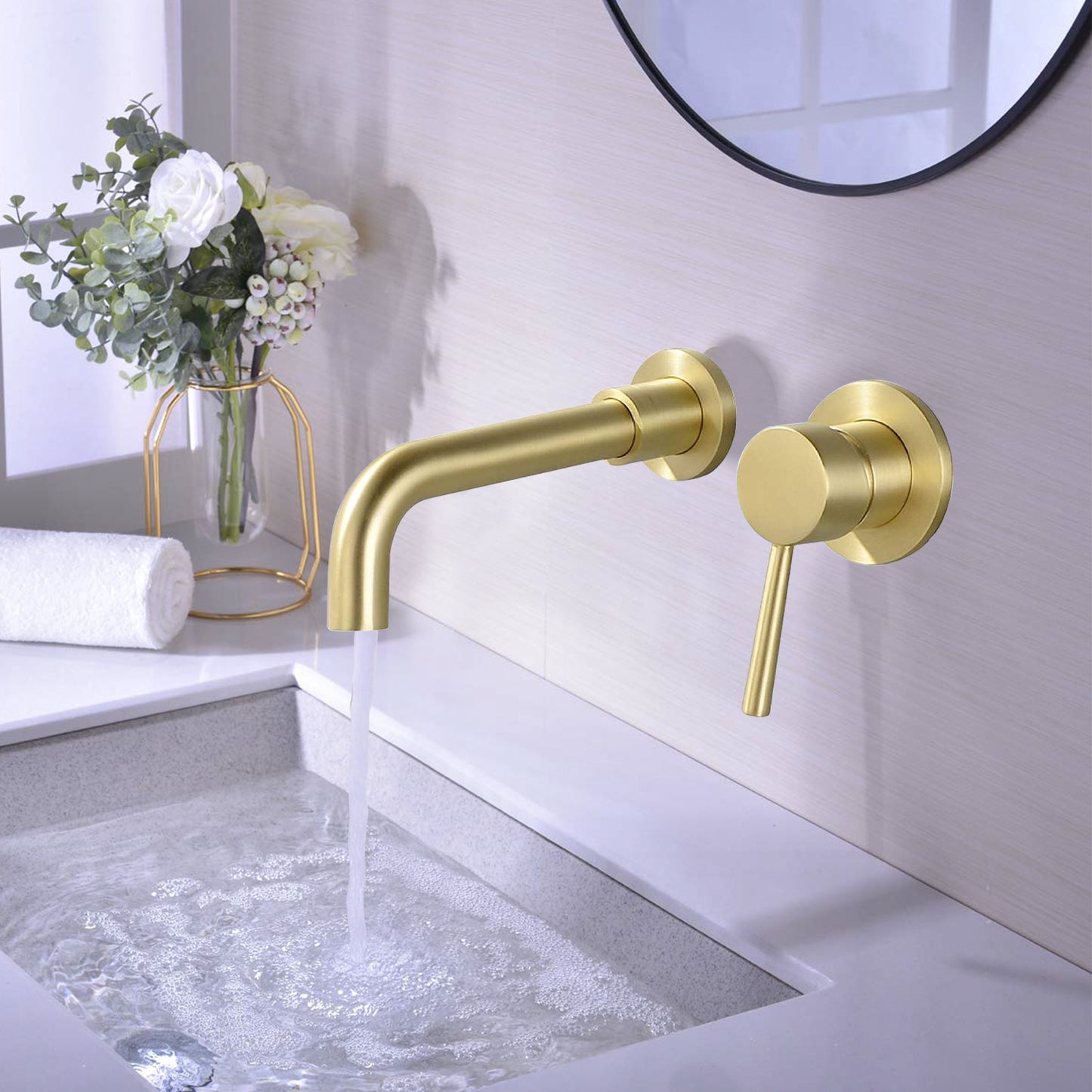 Bathroom Sink Faucet Brushed Gold Single Handle Wall Mounted W122453402