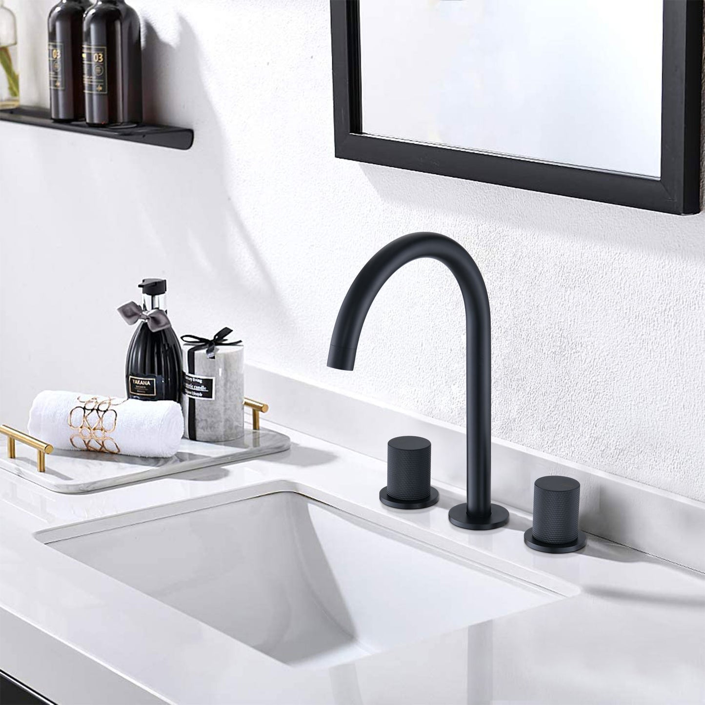 Bathroom Widespread Three Hole Sink Faucet Matte Black Two Handles Round W122458158