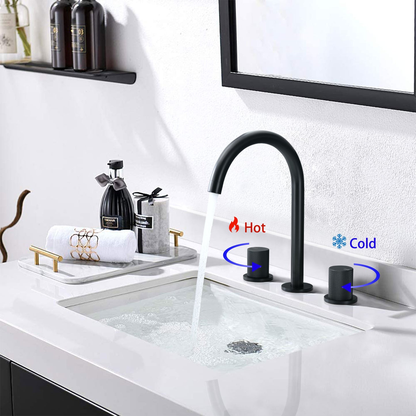 Bathroom Widespread Three Hole Sink Faucet Matte Black Two Handles Round W122458158