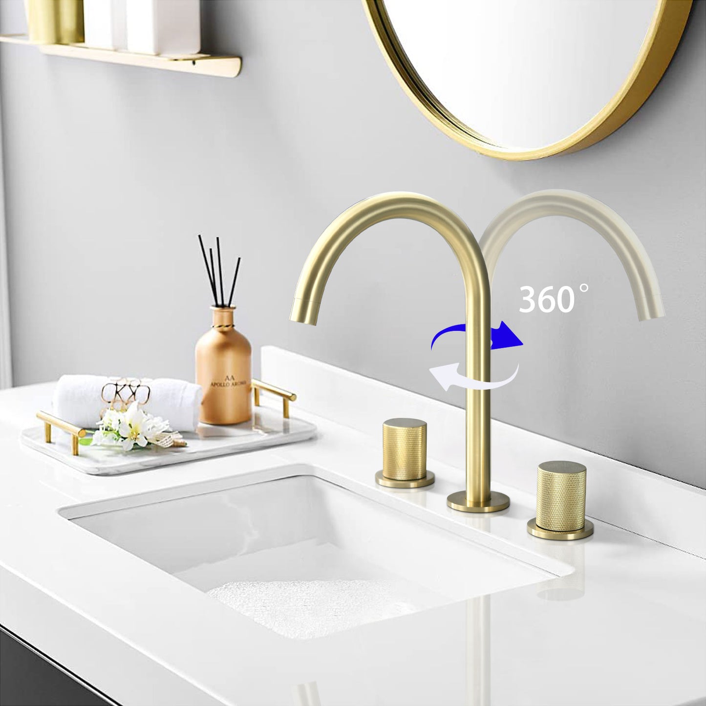 Bathroom Widespread Three Hole Sink Faucet Brushed Gold Two Handles Round W122458163