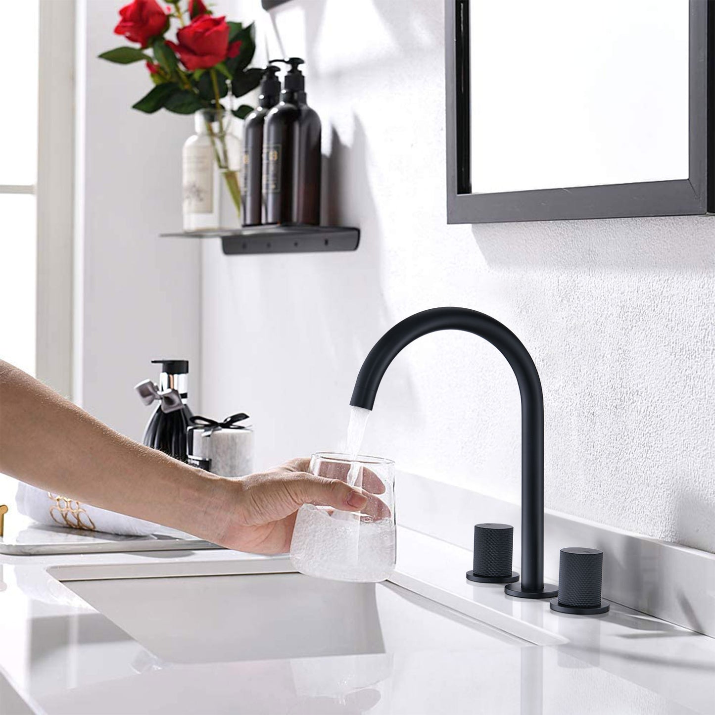 Bathroom Widespread Three Hole Sink Faucet Matte Black Two Handles Round W122458158