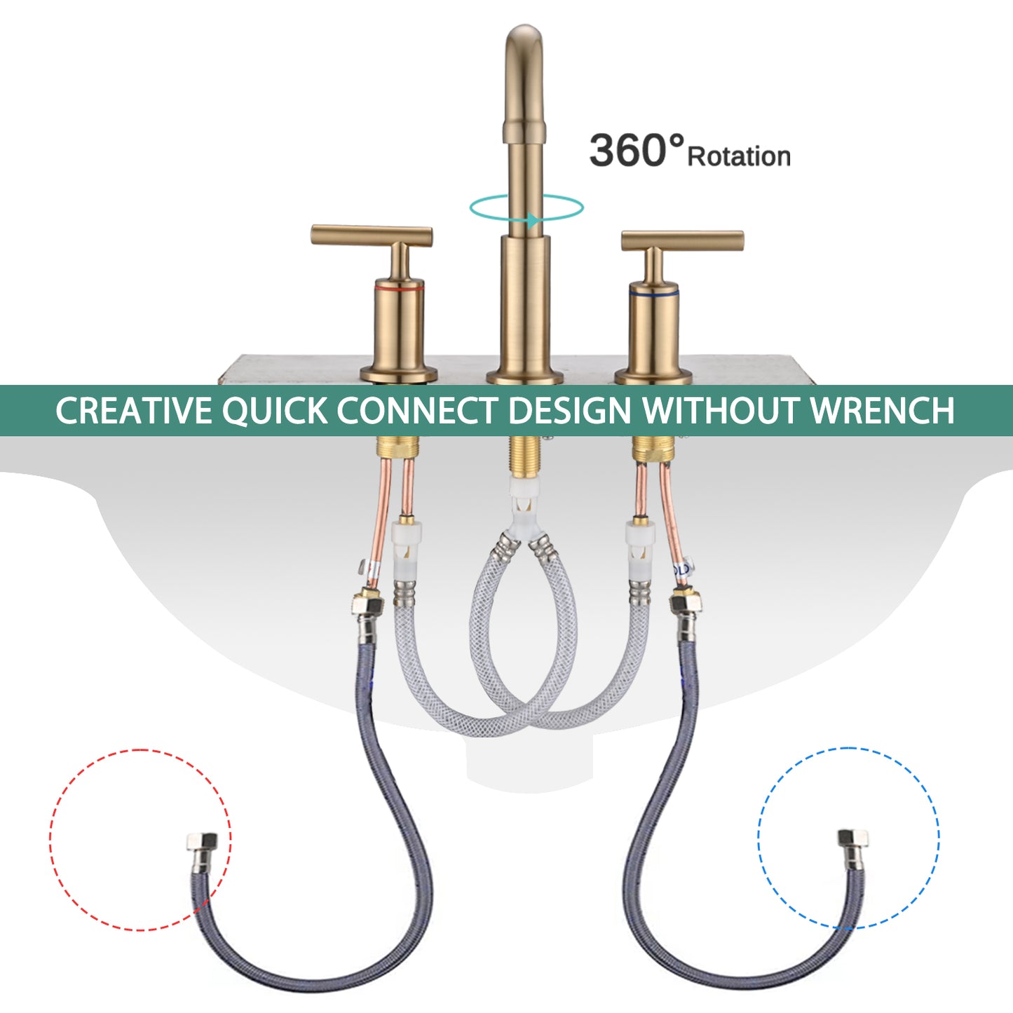 Bathroom Widespread Three Hole Sink Faucet Brushed Gold Two Handles With Pop-up Drain Round W122459286
