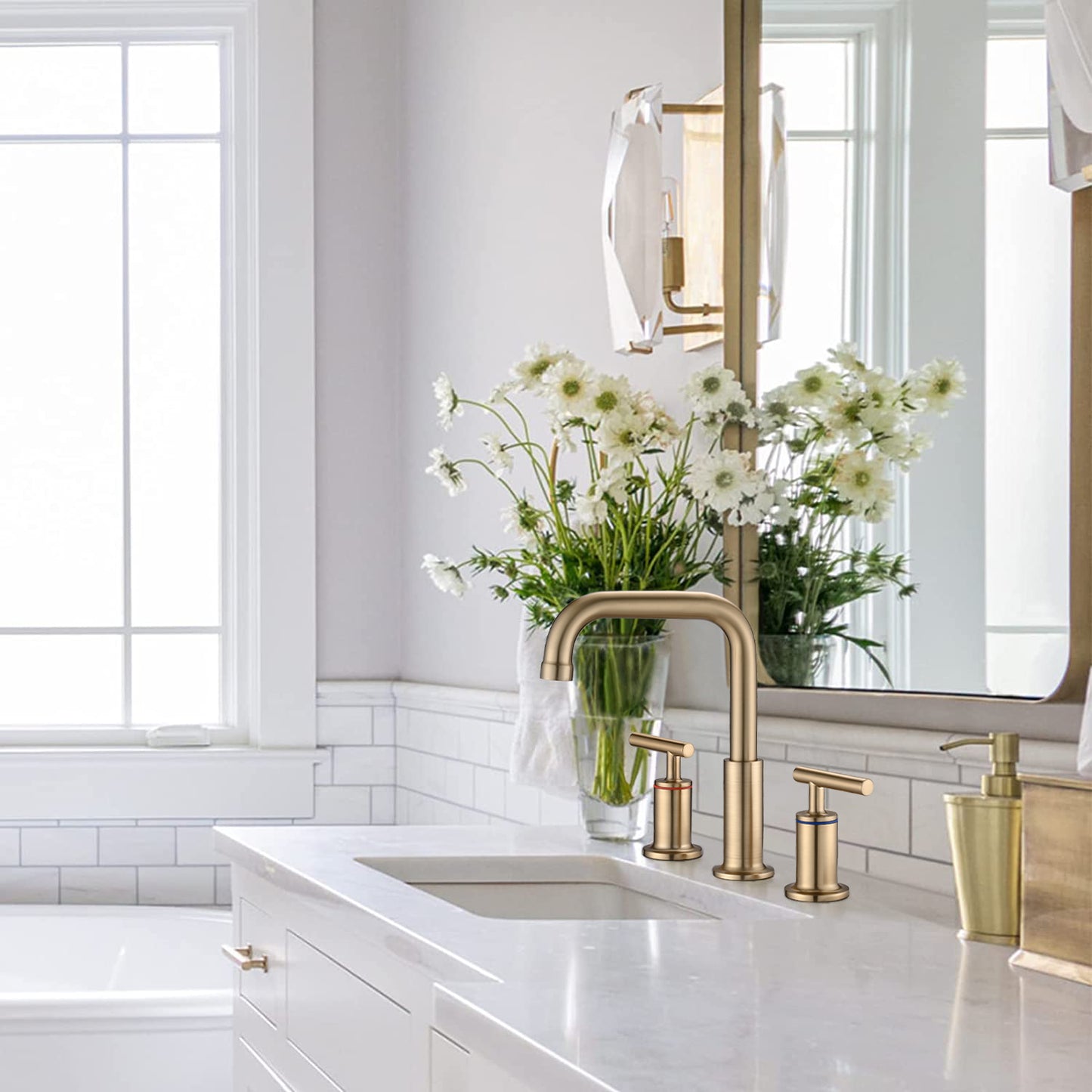 Bathroom Widespread Three Hole Sink Faucet Brushed Gold Two Handles With Pop-up Drain Round W122459286