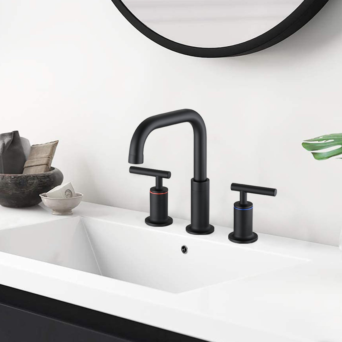 Bathroom Widespread Three Hole Sink Faucet Matte Black Two Handles With Pop-up Drain Round W122459272