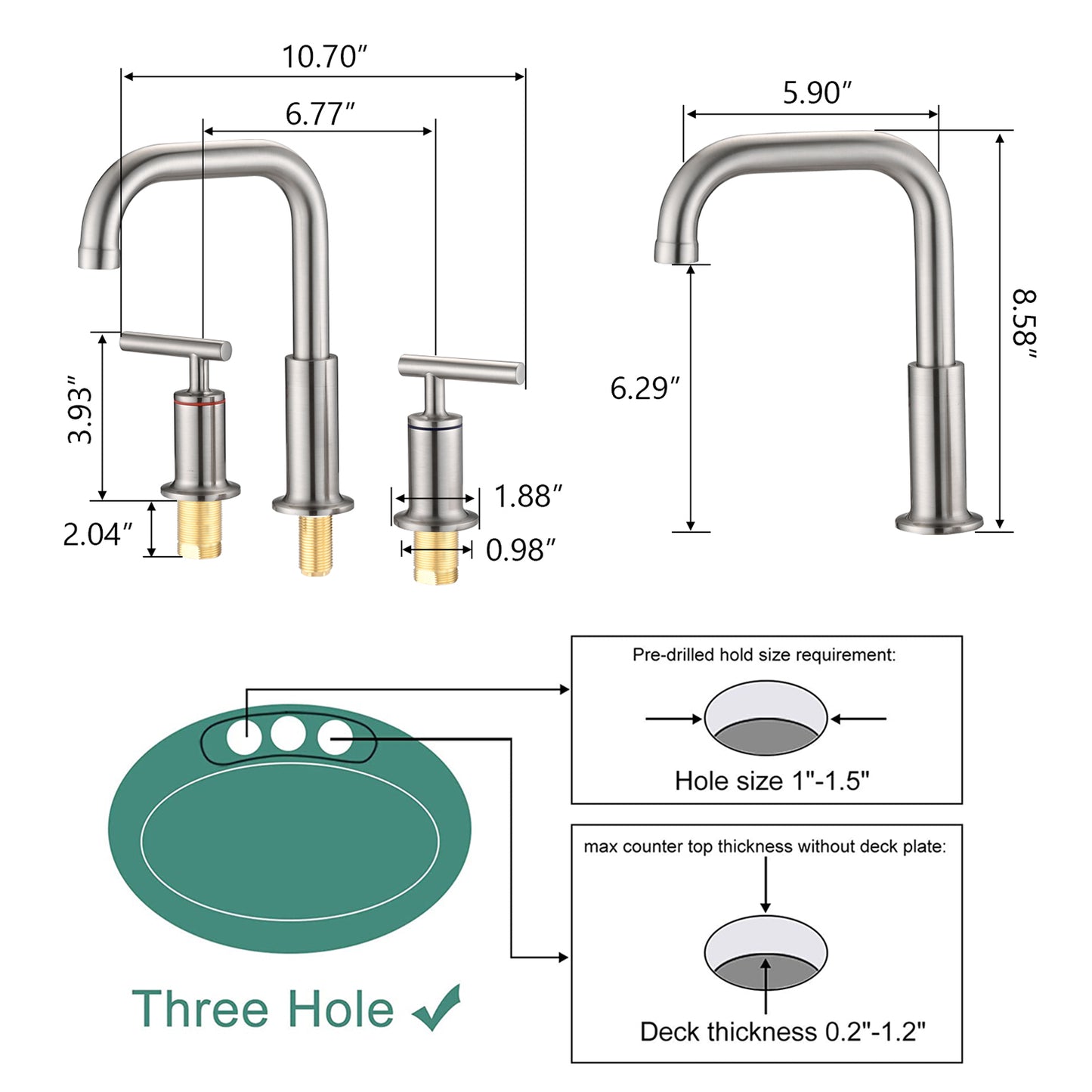 Bathroom Widespread Three Hole Sink Faucet Brushed Nickel Two Handles With Pop-up Drain Round W122459284