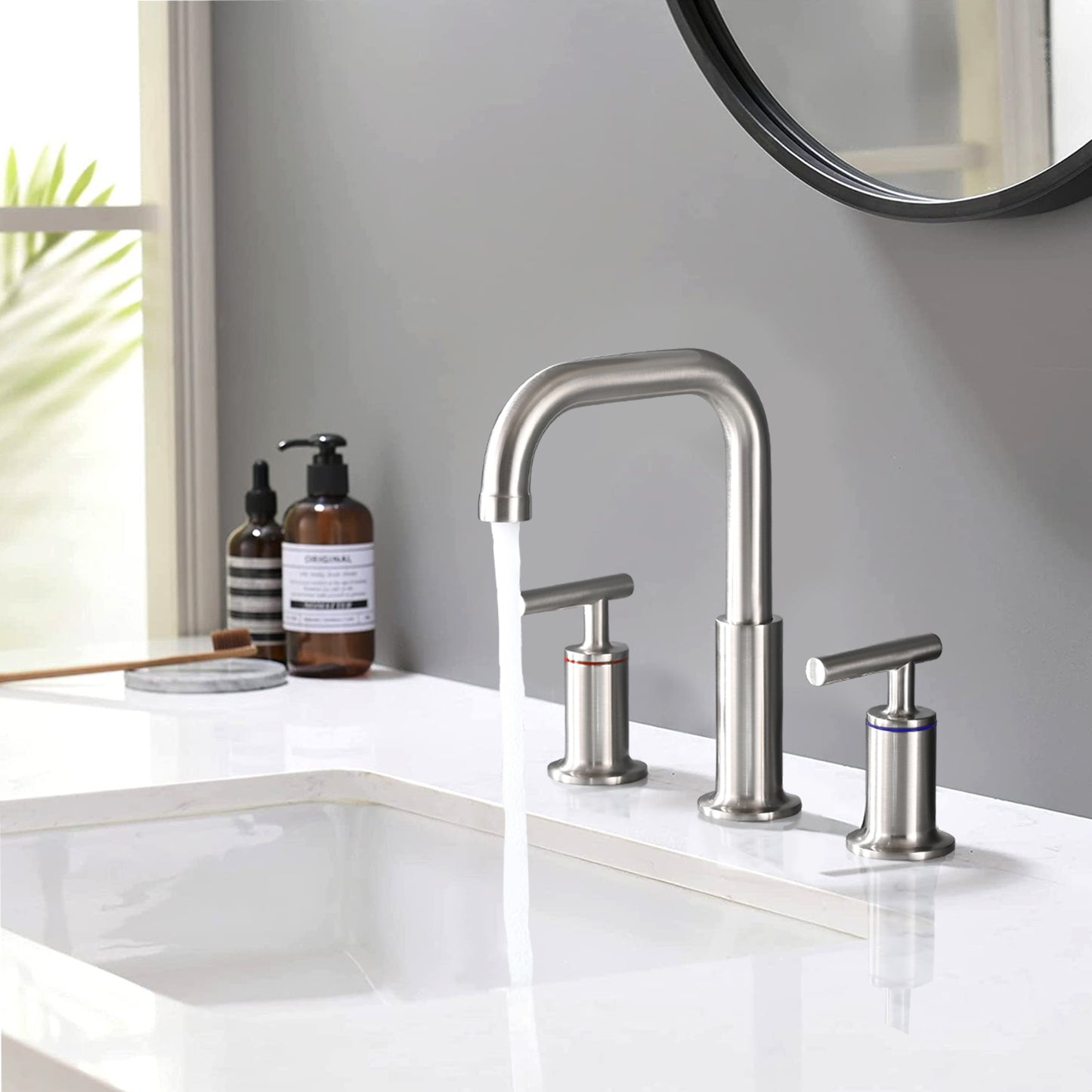 Bathroom Widespread Three Hole Sink Faucet Brushed Nickel Two Handles With Pop-up Drain Round W122459284