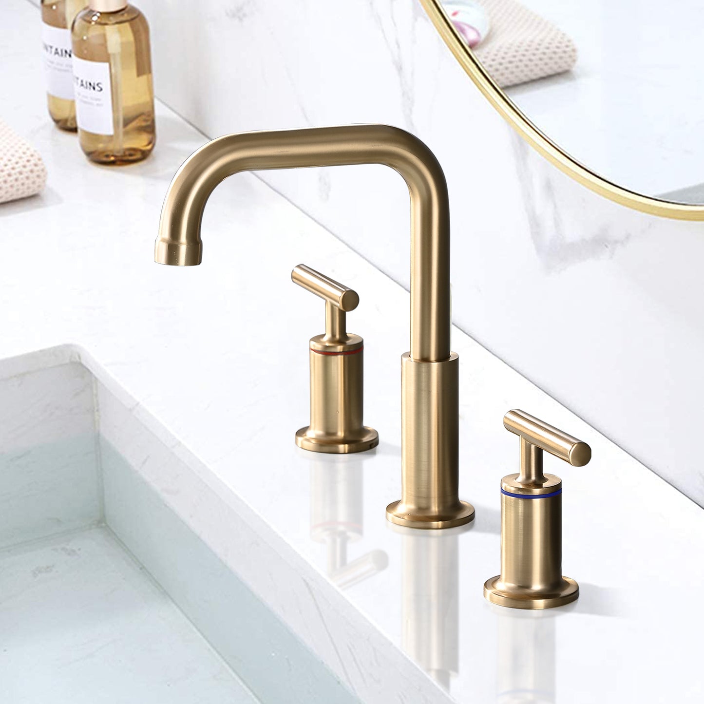 Bathroom Widespread Three Hole Sink Faucet Brushed Gold Two Handles With Pop-up Drain Round W122459286