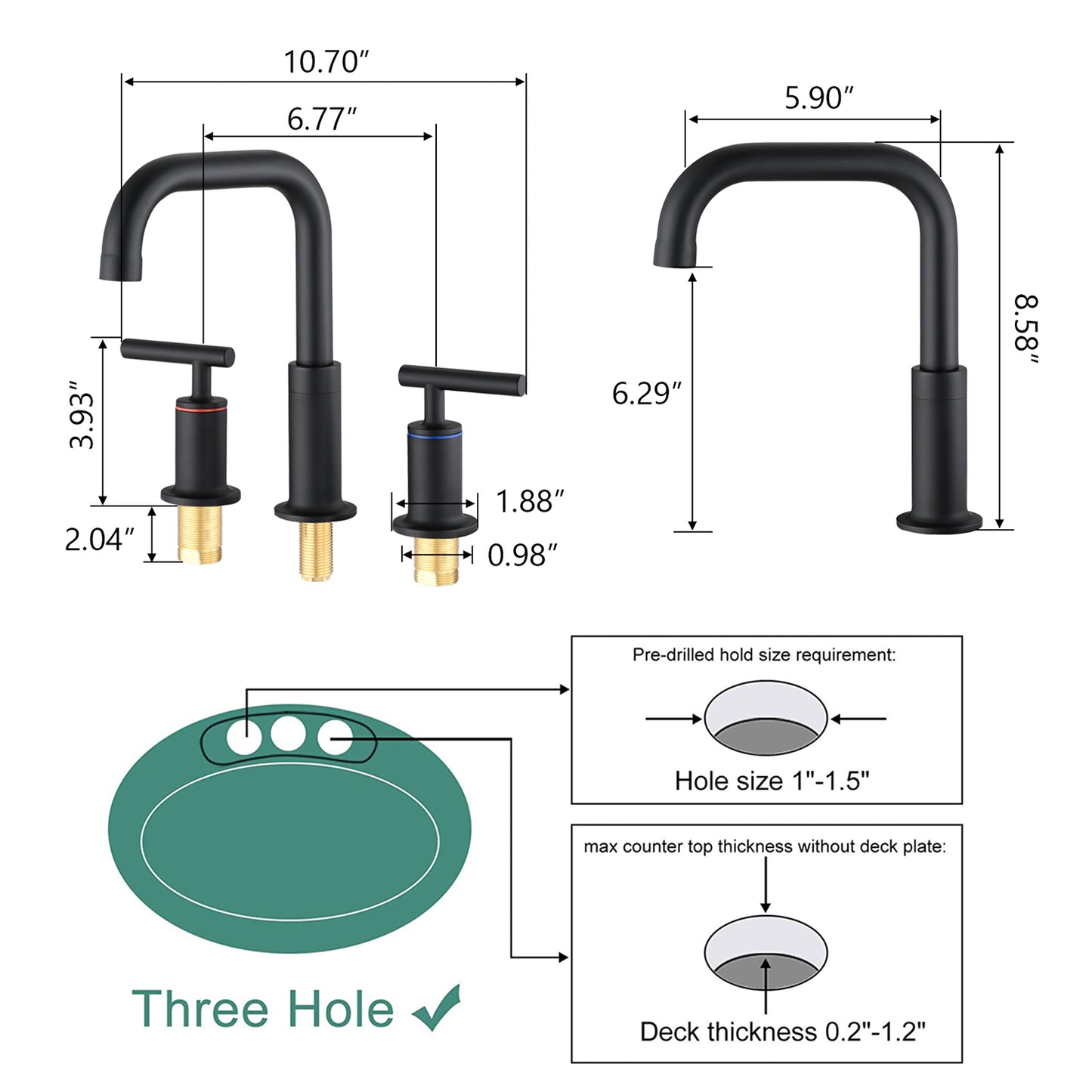 Bathroom Widespread Three Hole Sink Faucet Matte Black Two Handles With Pop-up Drain Round W122459272