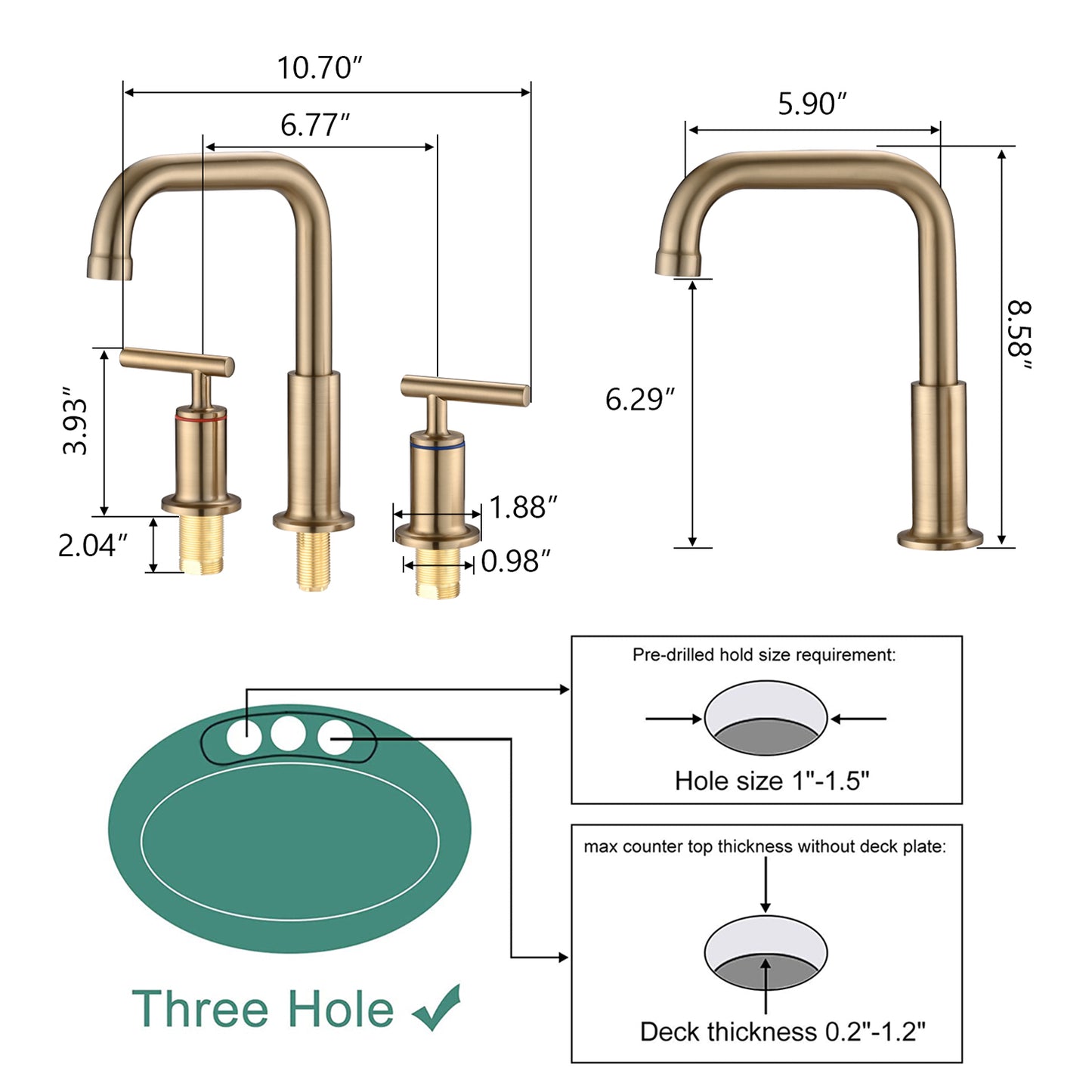 Bathroom Widespread Three Hole Sink Faucet Brushed Gold Two Handles With Pop-up Drain Round W122459286