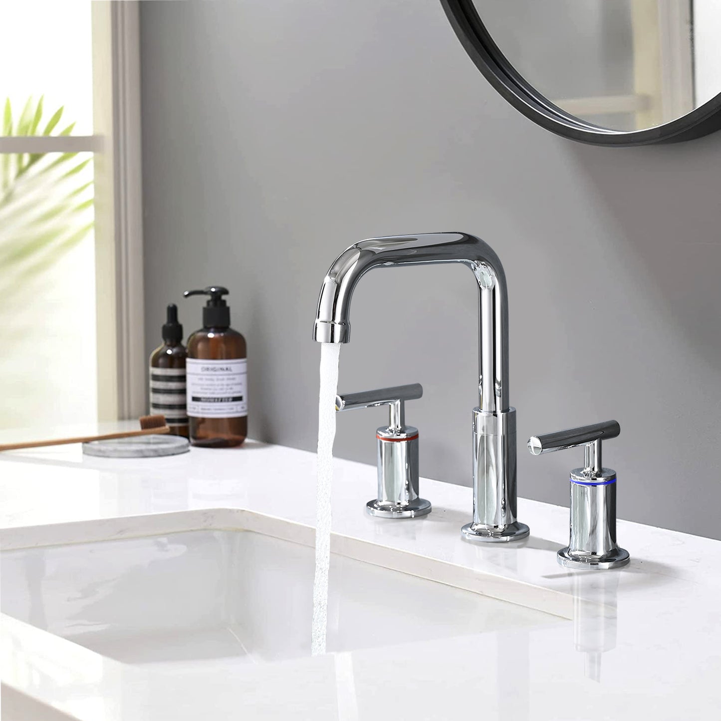Bathroom Widespread Three Hole Sink Faucet Chrome Two Handles With Pop-up Drain Round W122459281