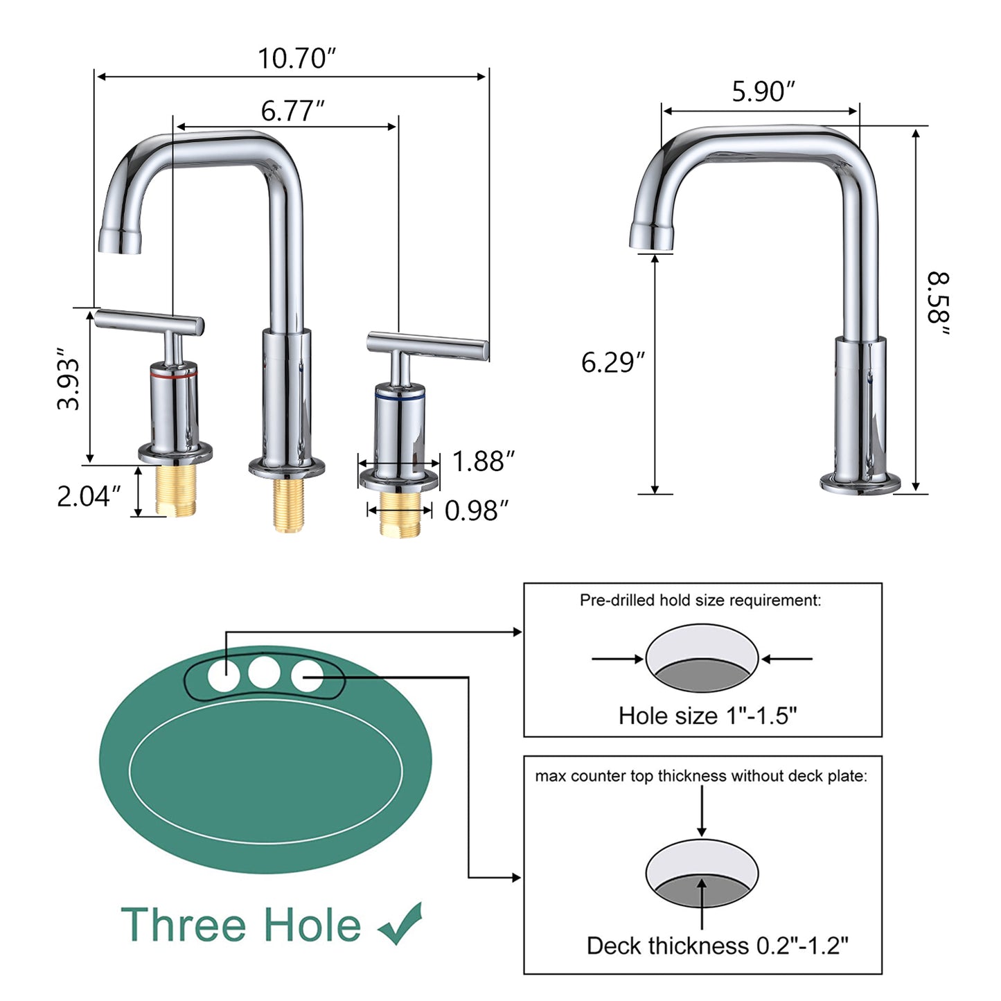 Bathroom Widespread Three Hole Sink Faucet Chrome Two Handles With Pop-up Drain Round W122459281