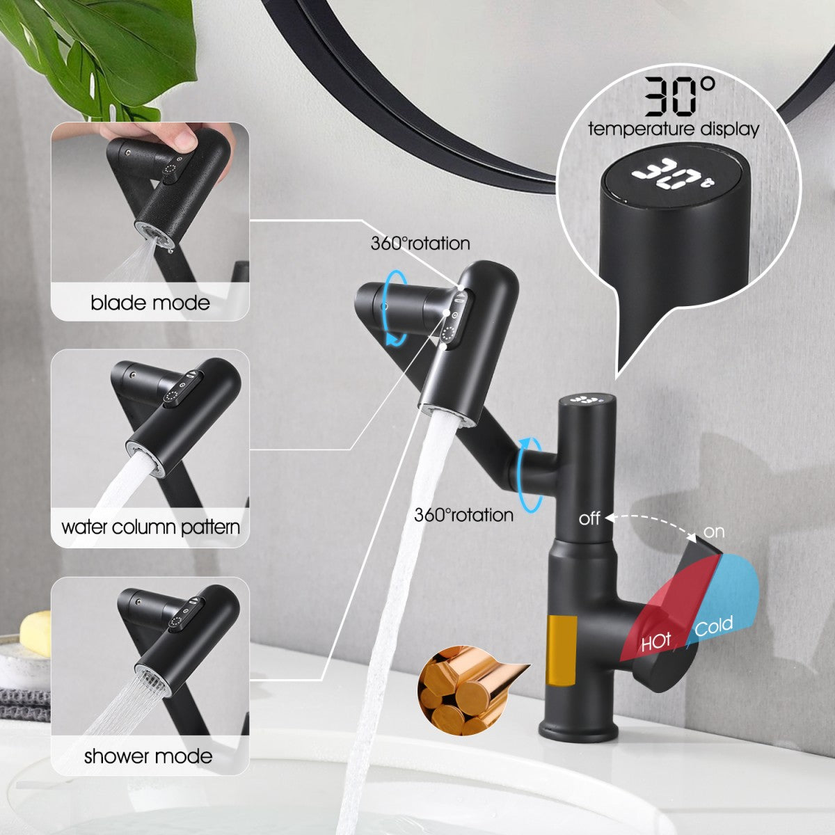 Bathroom Single Hole Sink Faucet Matte Black Two Handles Rotable Spout W121765120