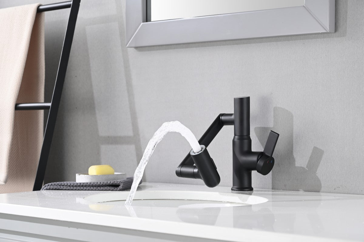 Bathroom Single Hole Sink Faucet Matte Black Two Handles Rotable Spout W121765120