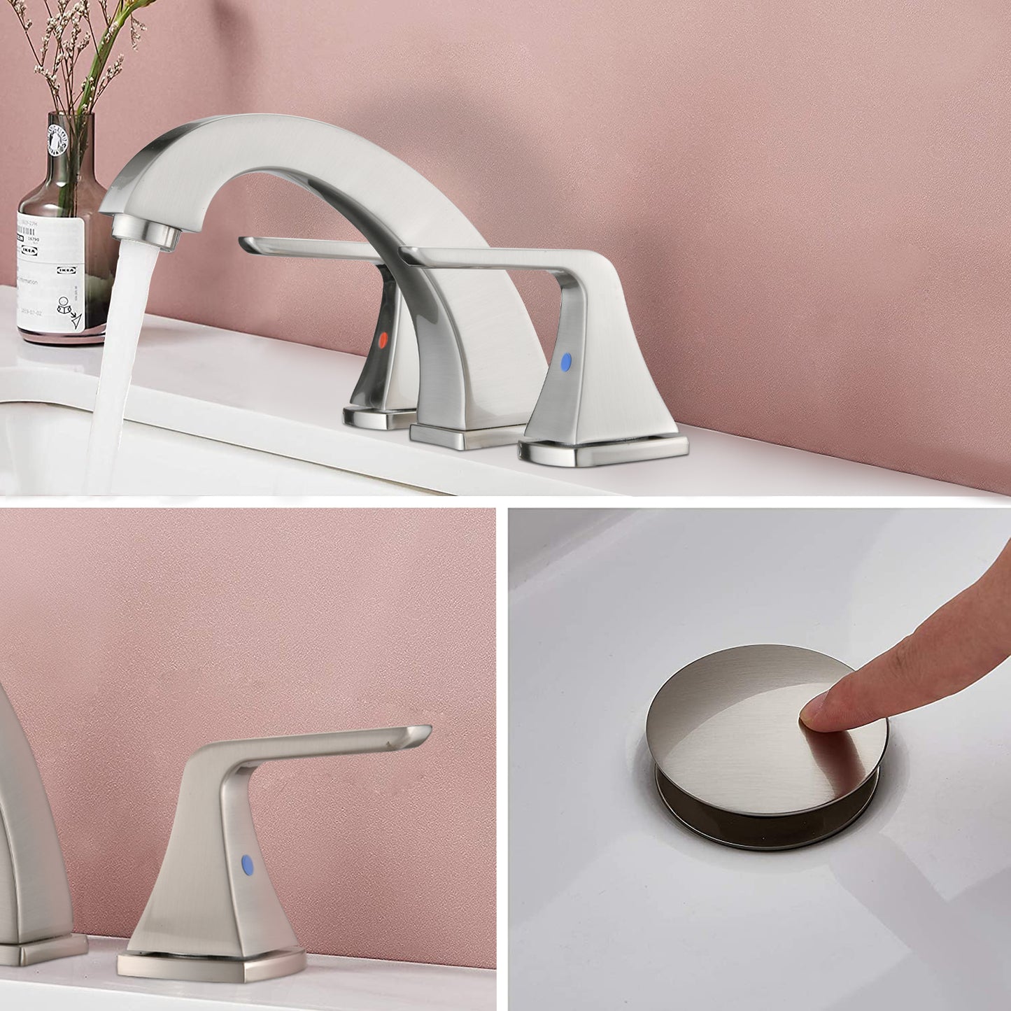 Bathroom Widespread Three Hole Sink Faucet Brushed Nickel Two Handles With Pop-up Drain W122466216