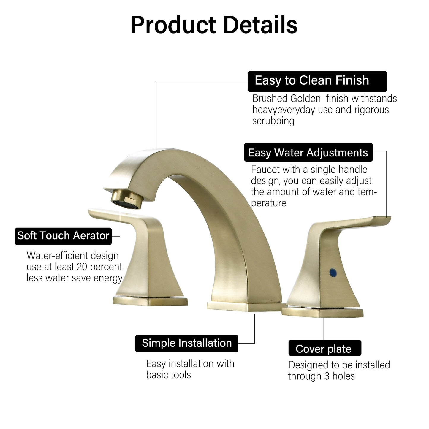 Bathroom Widespread Three Hole Sink Faucet Gold Two Handles With Pop-up Drain W122466657