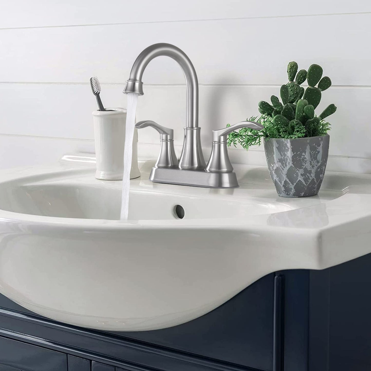Bathroom Widespread Three Hole Sink Waterfall Faucet Brushed Nickel Two Handles With Pop-up Drain W122470260