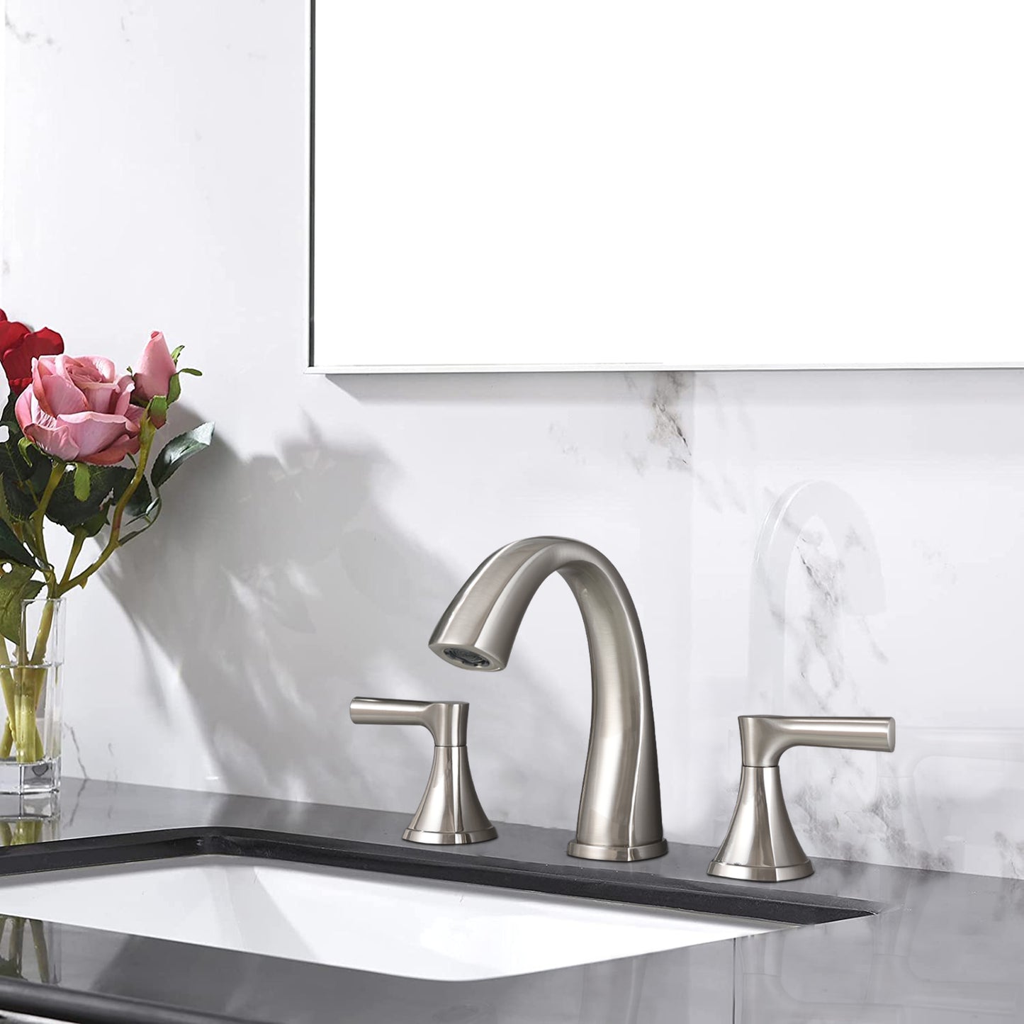 Bathroom Widespread Three Hole Sink Faucet Brushed Nickel Two Handles With Pop-up Drain Round W122471404
