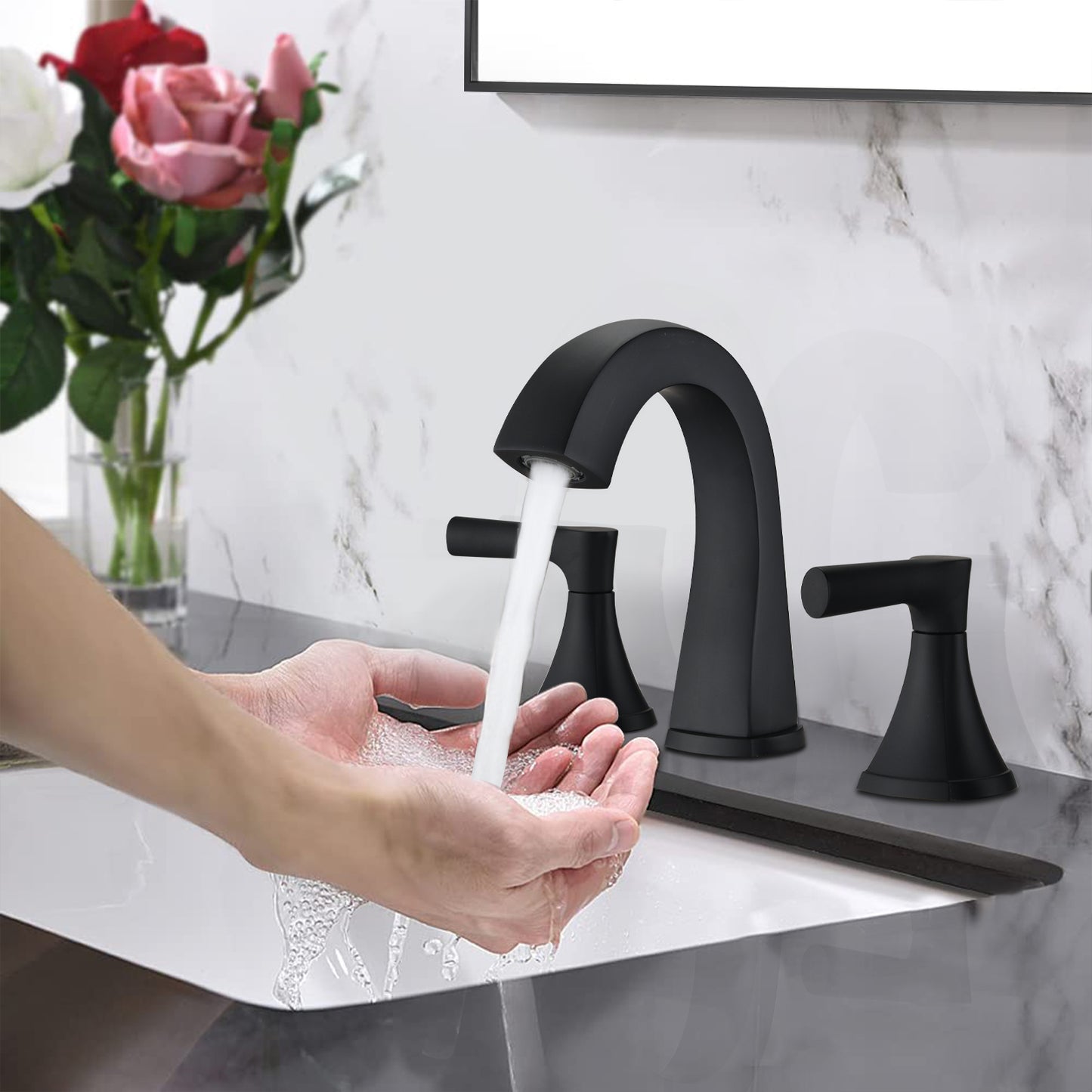 Bathroom Widespread Three Hole Sink Faucet Matte Black Two Handles With Pop-up Drain Round W122471405